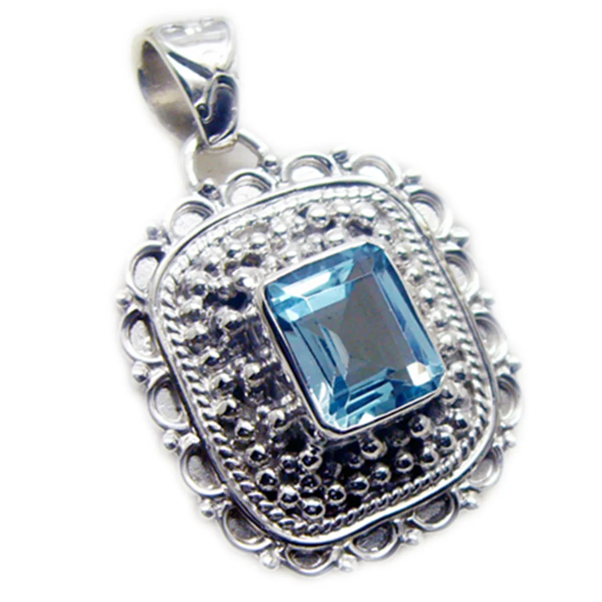 Riyo Genuine Gems Octogon Faceted Blue Blue Topaz Solid Silver Pendant gift for good Friday