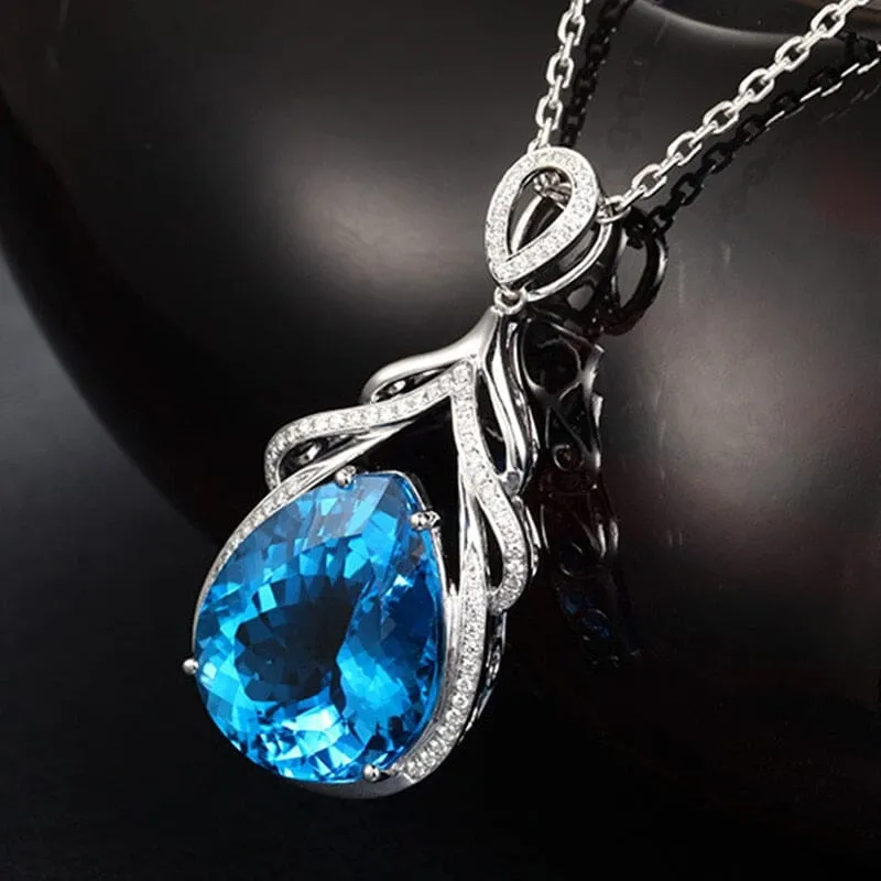 Romantic Water Drop Aquamarine Pendant Necklace - 925 Sterling Silver