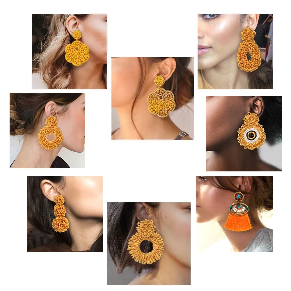 ROYALBEIER Bohemian Large Beaded Drop Earrings Yellow Tassel Earring