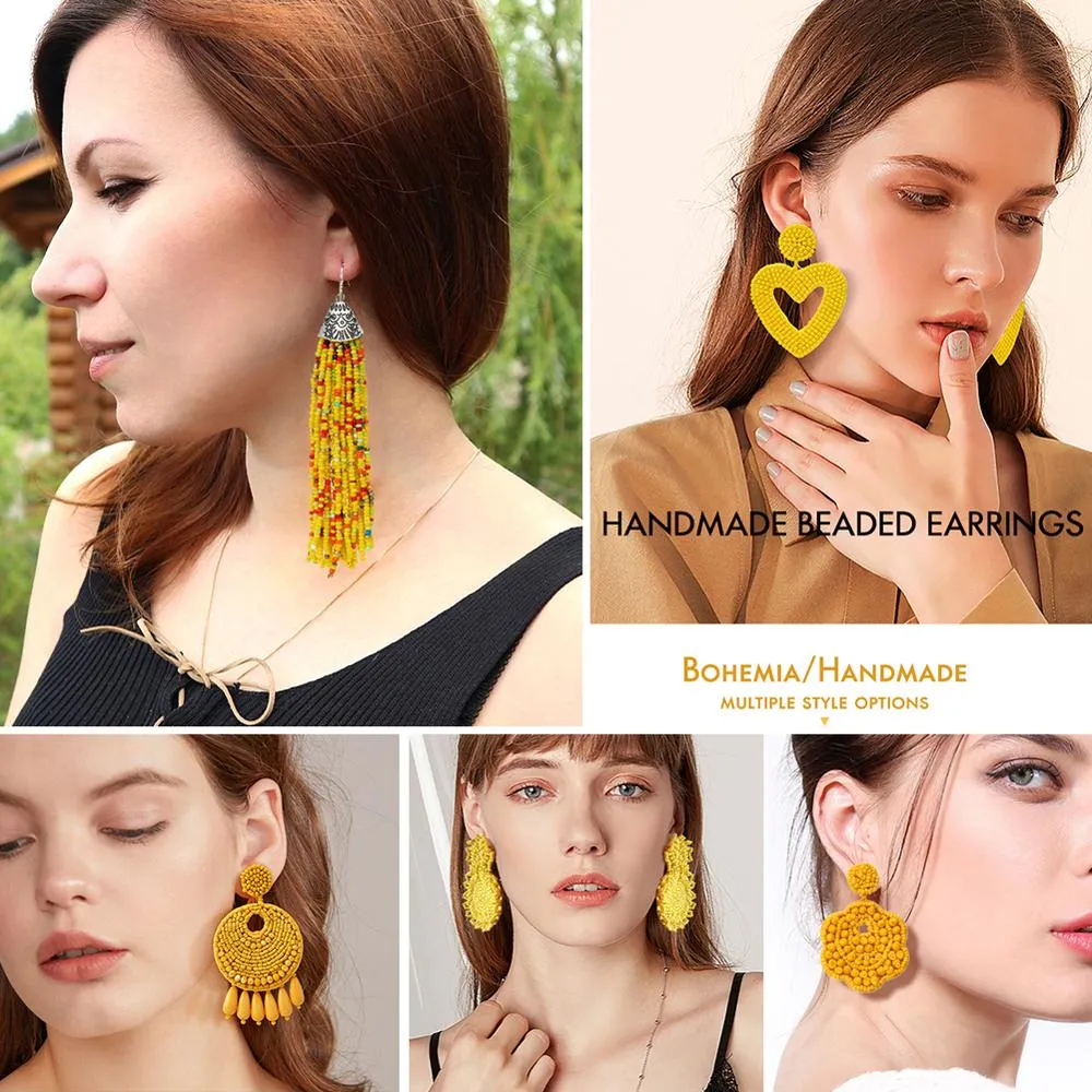 ROYALBEIER Bohemian Large Beaded Drop Earrings Yellow Tassel Earring