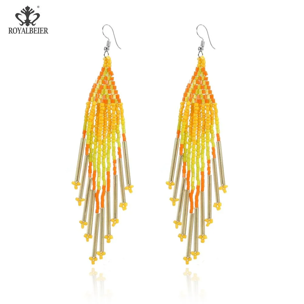 ROYALBEIER Bohemian Large Beaded Drop Earrings Yellow Tassel Earring