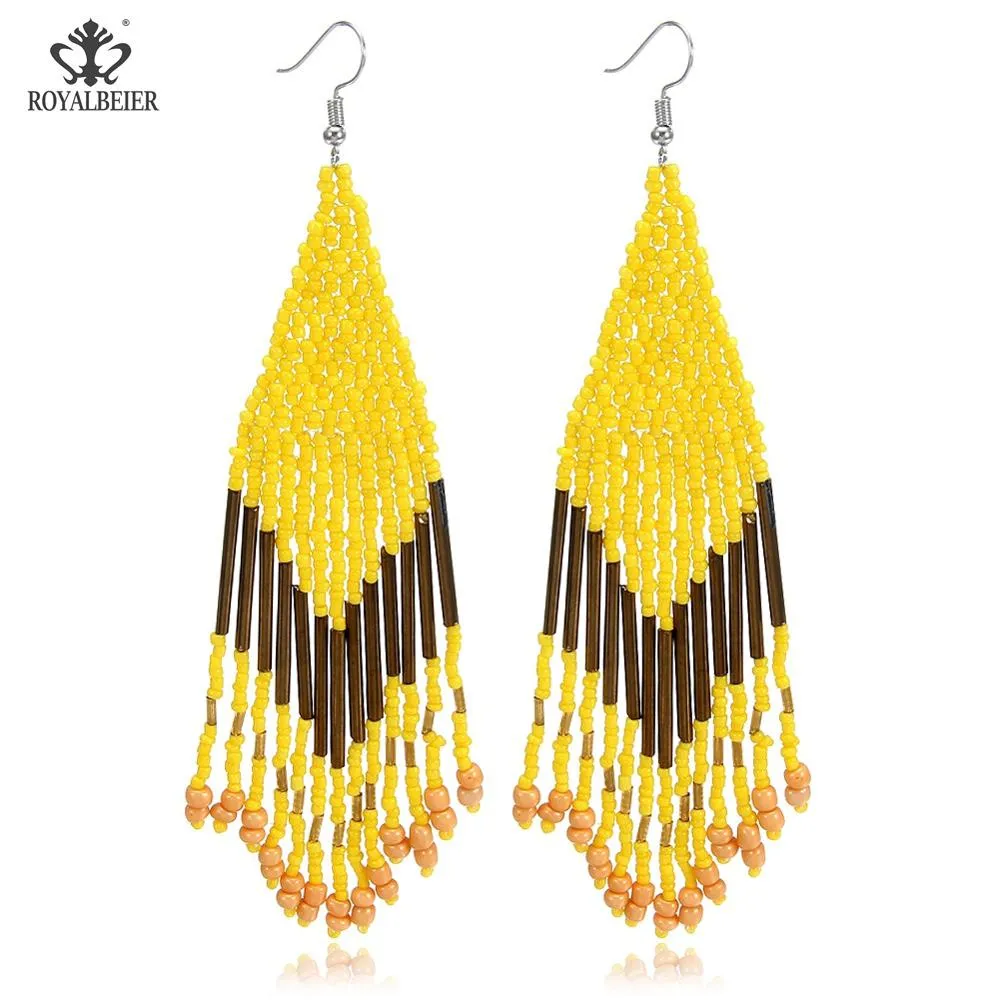 ROYALBEIER Bohemian Large Beaded Drop Earrings Yellow Tassel Earring