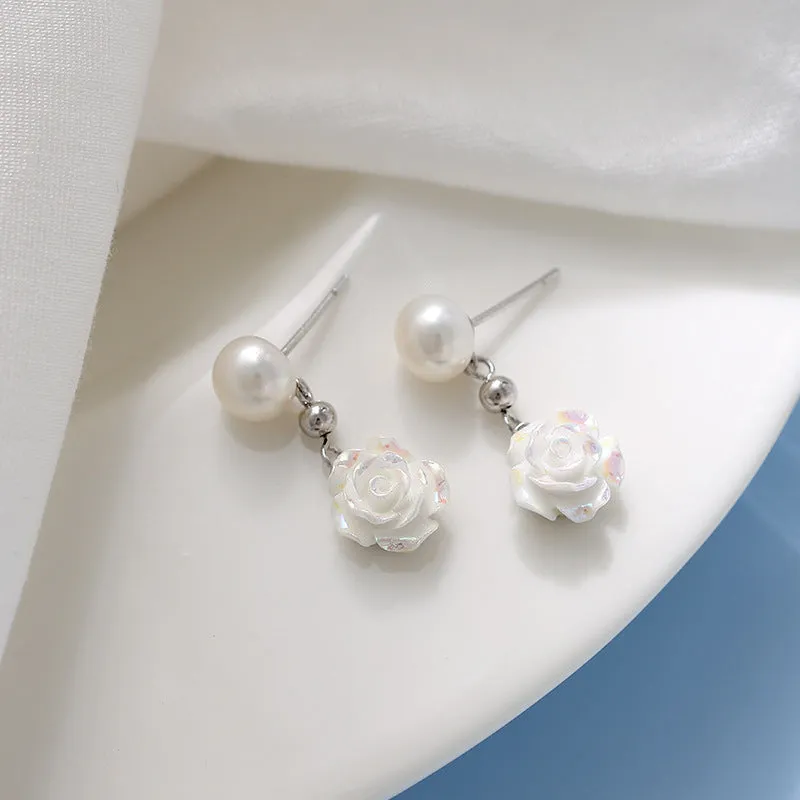 S925 Silver Pearl Camellia Stud Drop Earrings