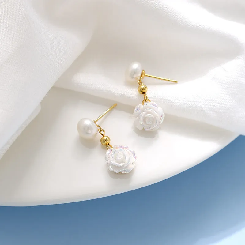 S925 Silver Pearl Camellia Stud Drop Earrings