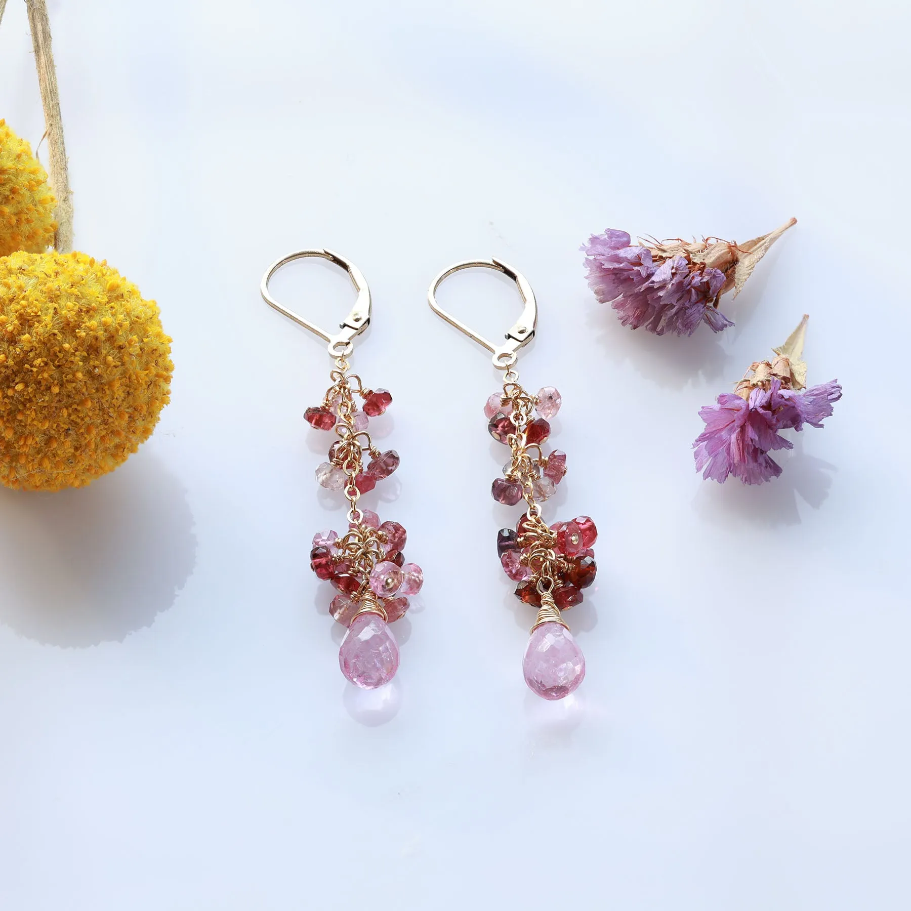 Sakura - Pink Topaz and Pink Spinel Gold Drop Earrings