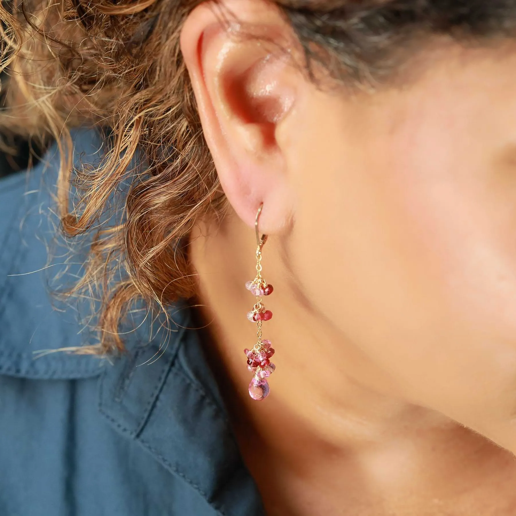 Sakura - Pink Topaz and Pink Spinel Gold Drop Earrings