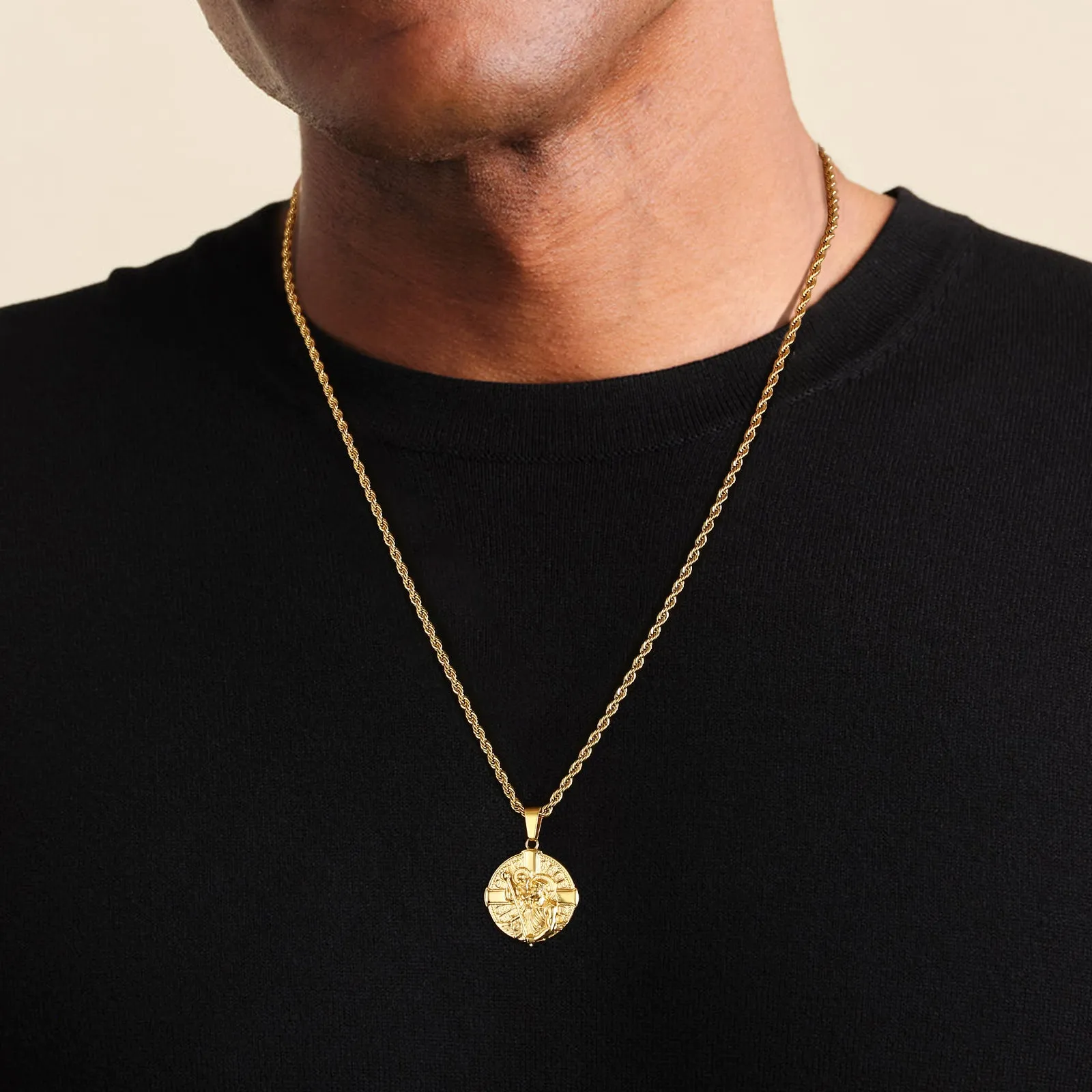 St Christopher Cross Gold Coin Pendant Necklace with Rope Chain for Men