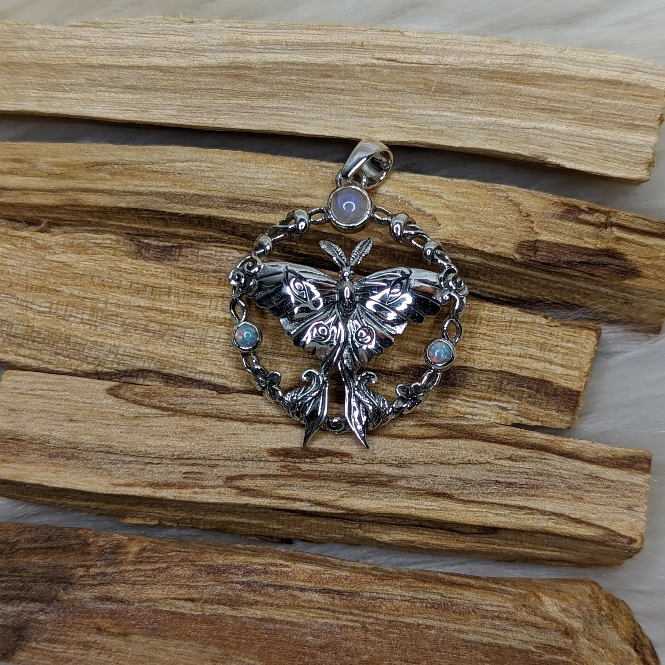 Sterling Silver Moth Pendant with Mystic Topaz & Moonstone ~ Includes Silver Chain