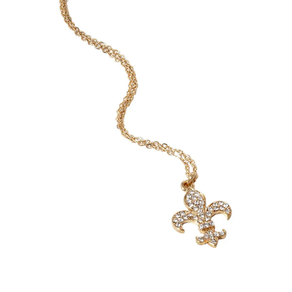 Stone Paved Fleur de Lis Pendant Necklace