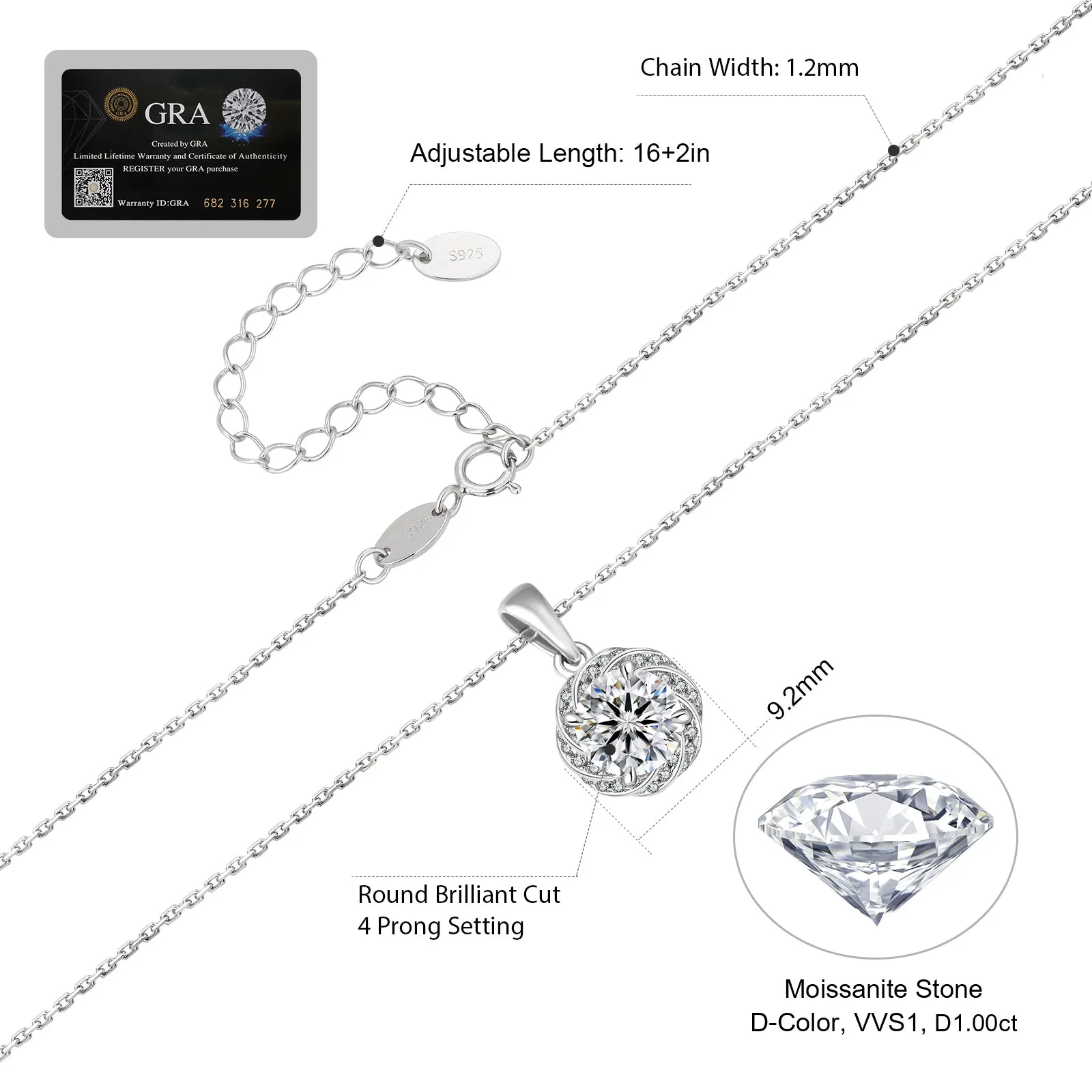 VVS1 Moissanite Pendant Necklace for Women 0390