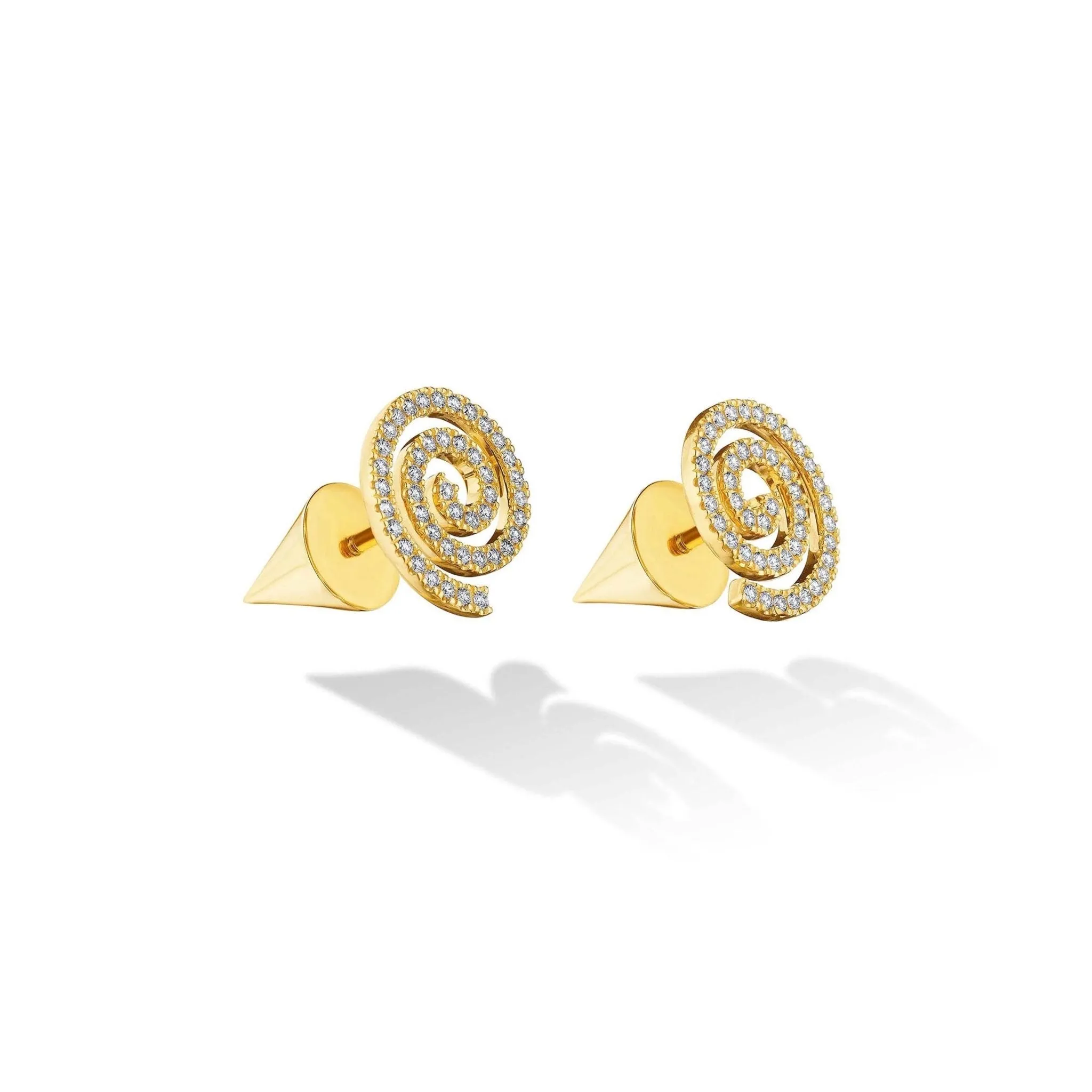 Yellow Gold Essence Stud Earrings with Cone and White Diamonds